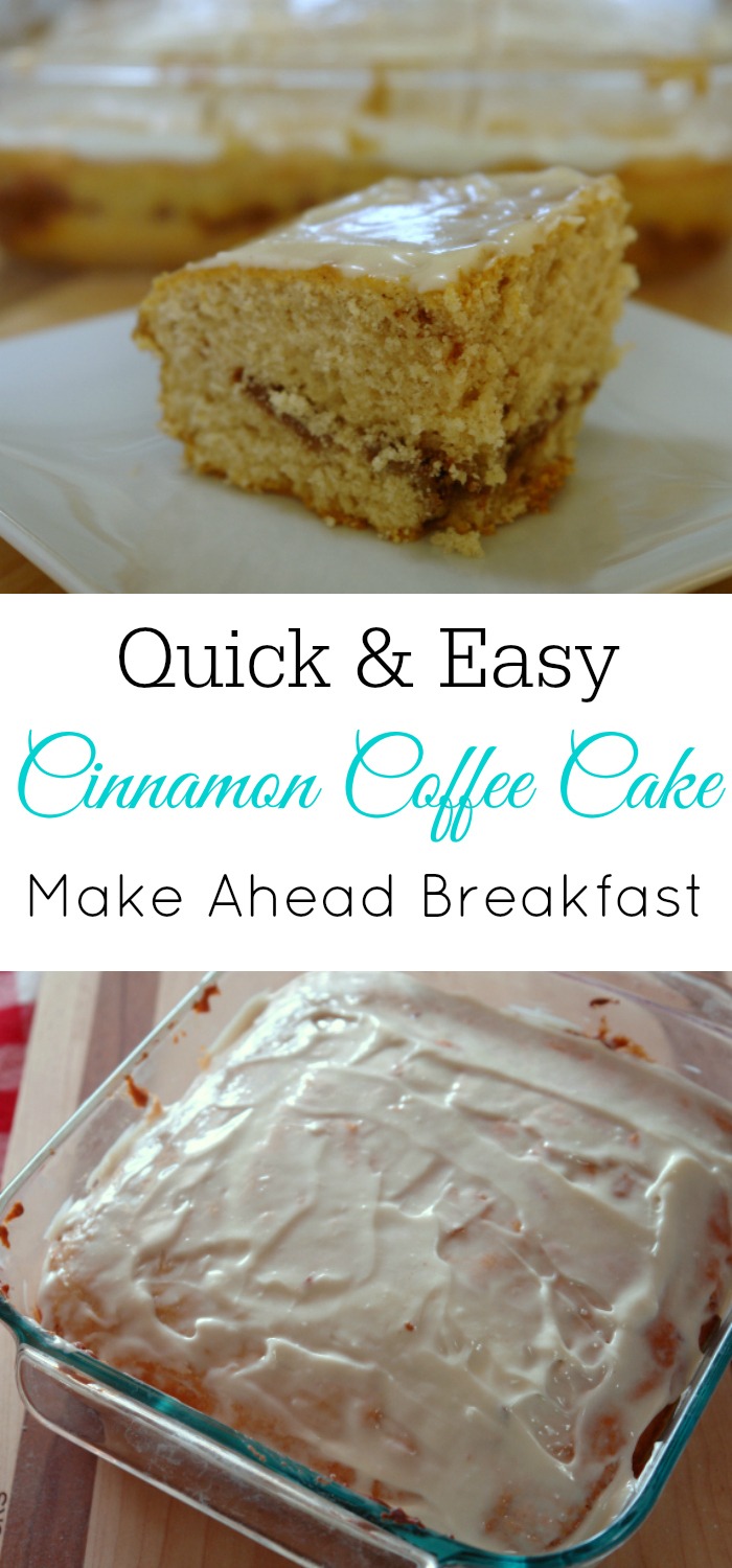 Quick and easy cinnamon coffee cake, great for holiday breakfasts, thanksgiving breakfast, christmas breakfast, make ahead breakfast