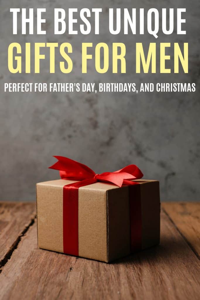 brown gift box with red ribbon and love shaped paper over rustic wooden table with text the best unique gifts for men