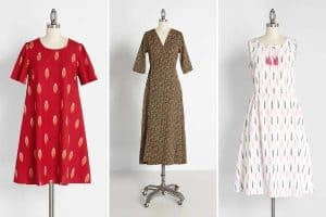 collage of three fair trade modcloth dresses