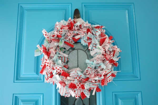 Christmas rag wreath on front door