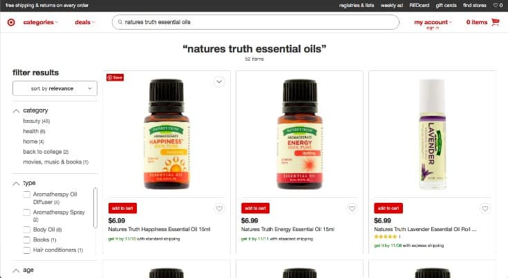screenshot of buying Natures Truth essential oils on Target.com