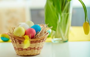 easter eggs in basket on table