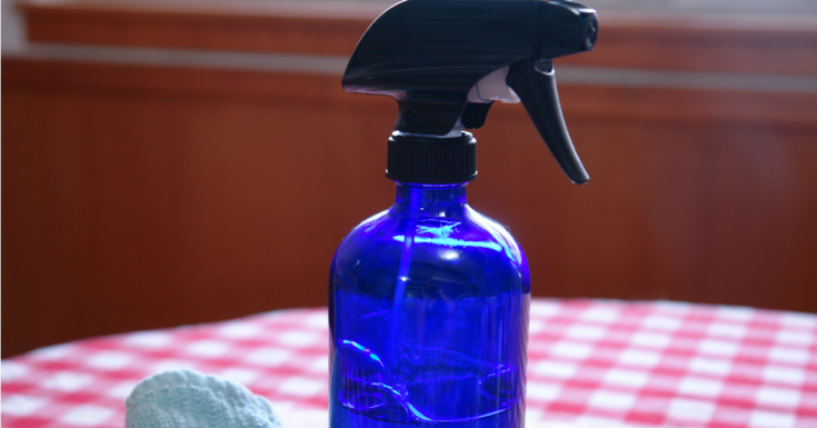 blue spray bottle and rag