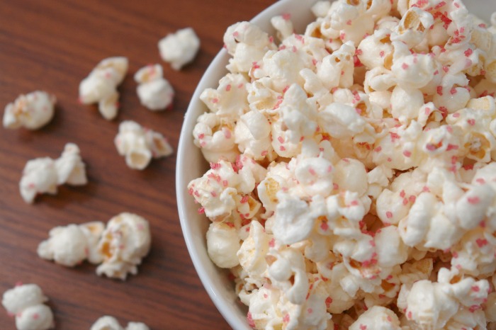 White Chocolate Peppermint Popcorn on table