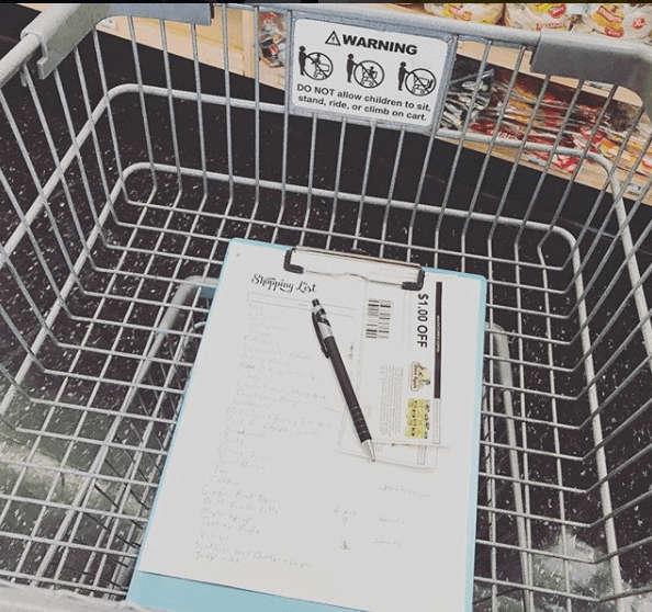 clipboard with shopping list and coupons in cart
