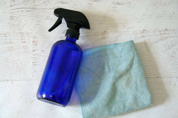 blue spray bottle and aqua cleaning cloth
