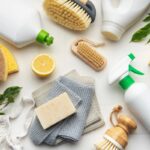 cleaning supplies on a white table