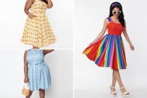 collage with yellow ice cream dress, red rainbow dress, and a blue dress