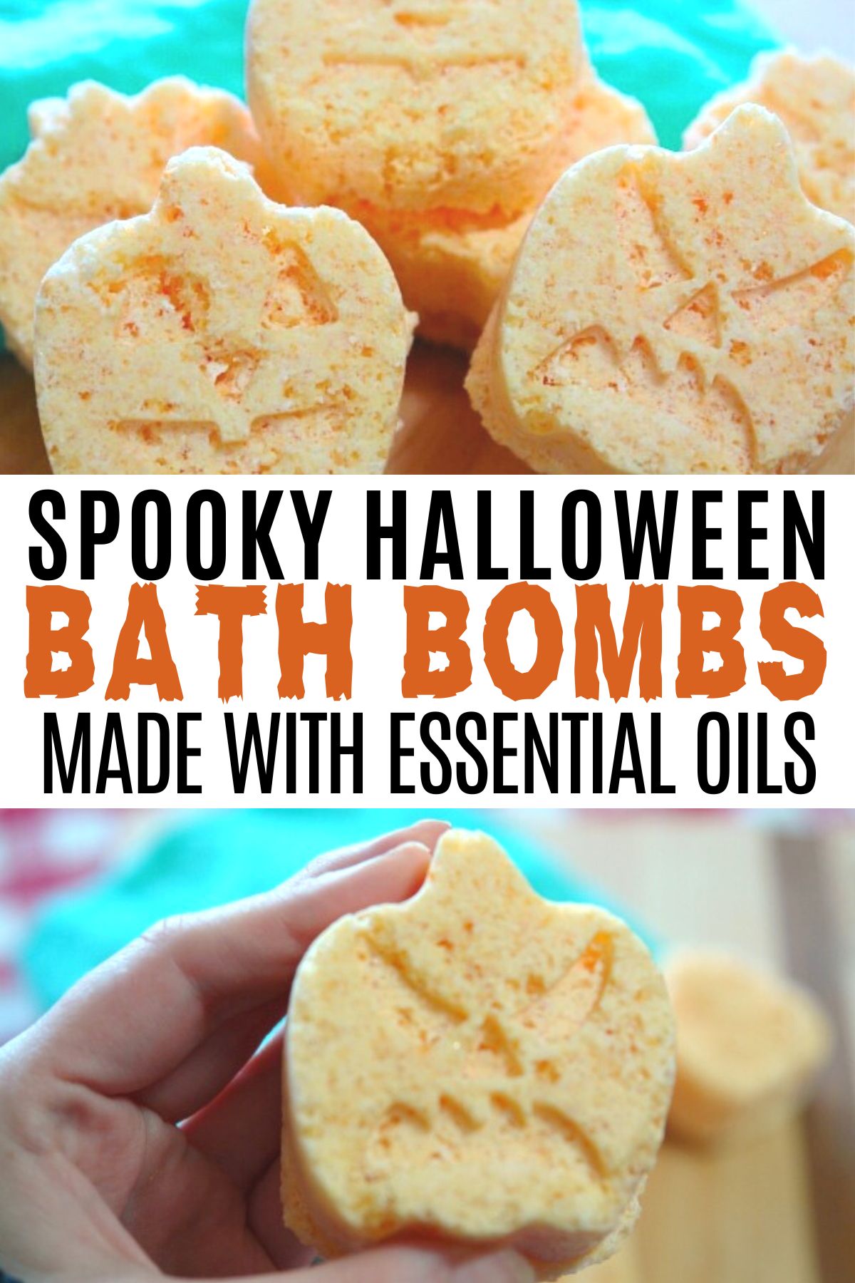 two photos of pumpkin bath bombs with text overlay spooky Halloween bath bombs made with essential oils